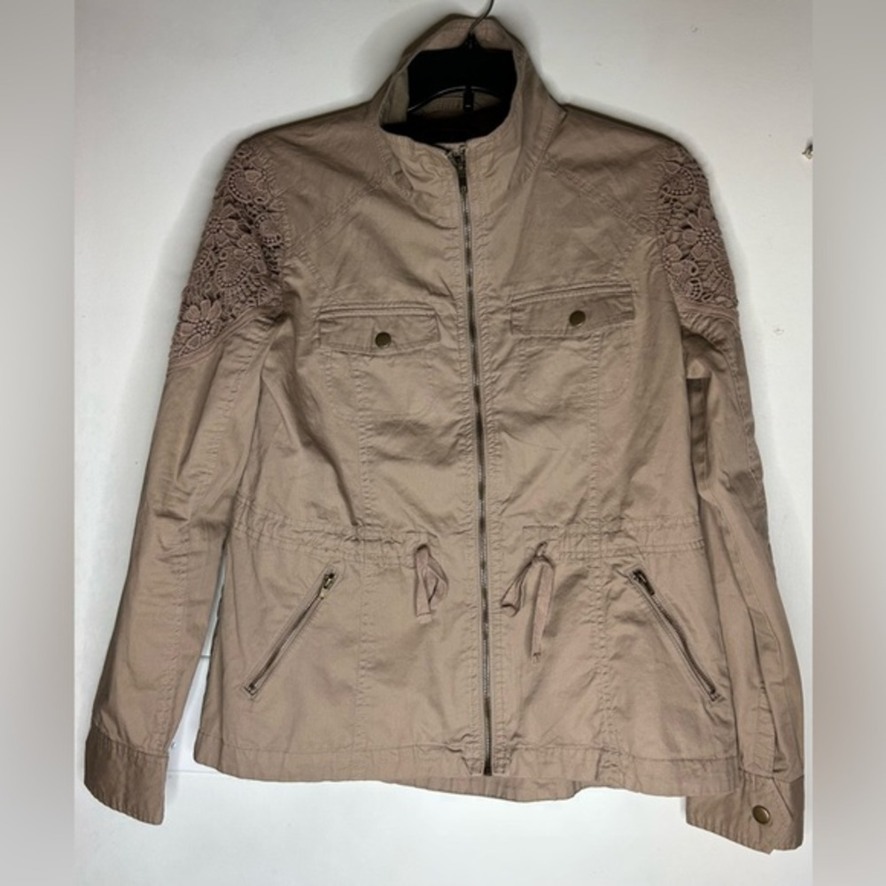 Anorak Utility Jacket Tan Floral Lace Accent‎ Women's By Love Tree Size Large